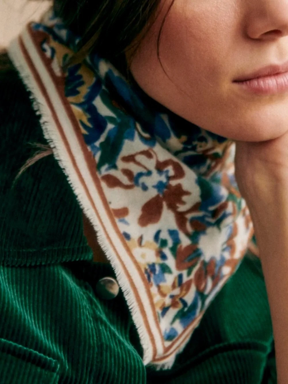 Floral Print Cotton Bandana Scarf - Brown, Blue, Green